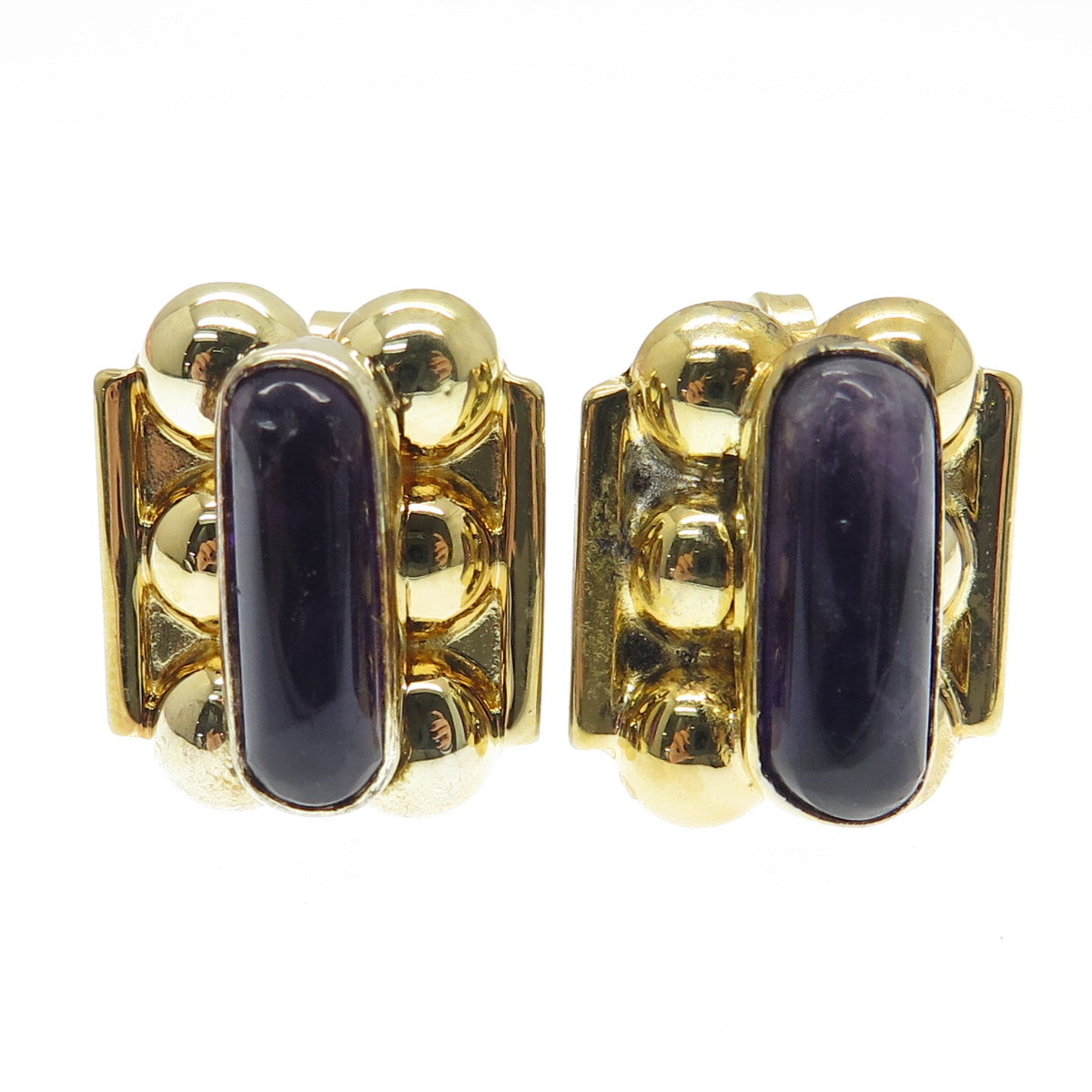 925 Sterling Silver Gold Plated Vintage Mexico Real Amethyst Screw Back Earrings