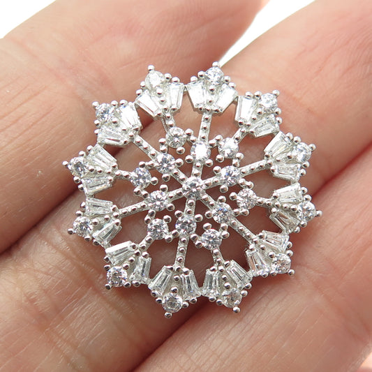 HAN 925 Sterling Silver Round Tapered Baguette-Cut Shaped C Z Snowflake Pendant