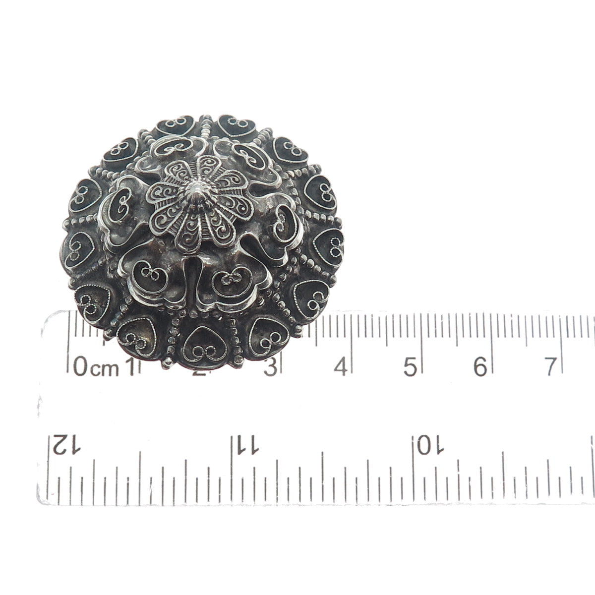 925 Sterling Silver Antique Art Deco Filigree Floral Heart Oxidized Pin Brooch