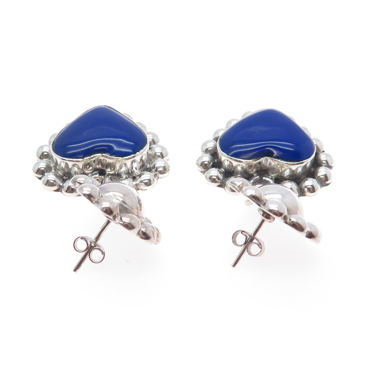925 Sterling Silver Vintage Real Lapis Lazuli Heart Beaded Dangle Earrings