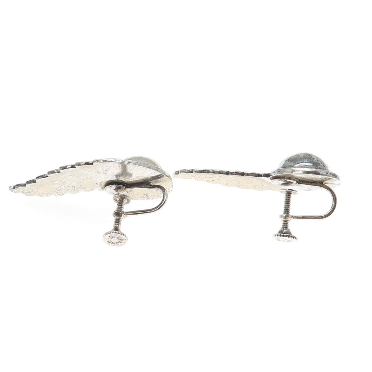 925 Sterling Silver Antique Art Deco Feather Oxidized Screw Back Earrings