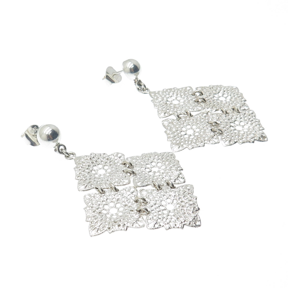 950 Silver Vintage Modernist Floral Dangle Earrings