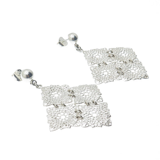 950 Silver Vintage Modernist Floral Dangle Earrings