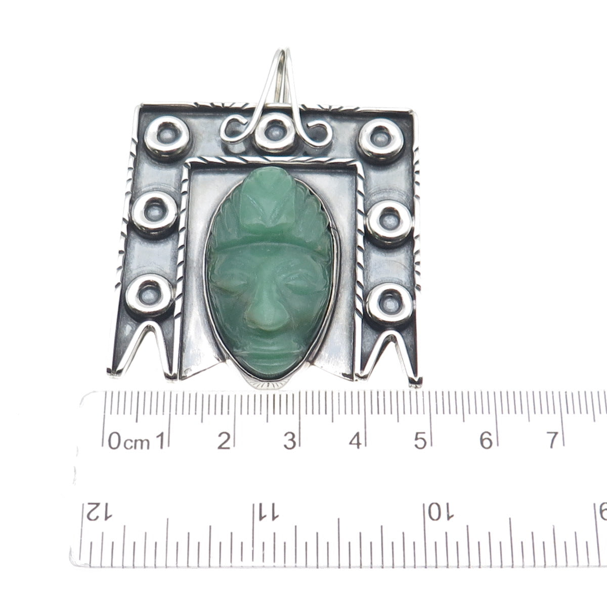 925 Sterling Silver Vintage Mexico Real Jade Aztec God Oxidized Pendant