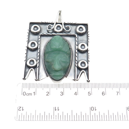 925 Sterling Silver Vintage Mexico Real Jade Aztec God Oxidized Pendant