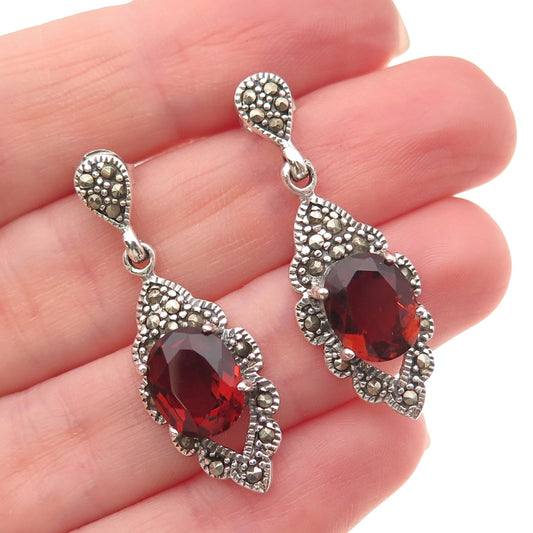 925 Sterling Silver Vintage Real Red Garnet & Marcasite Oxidized Dangle Earrings