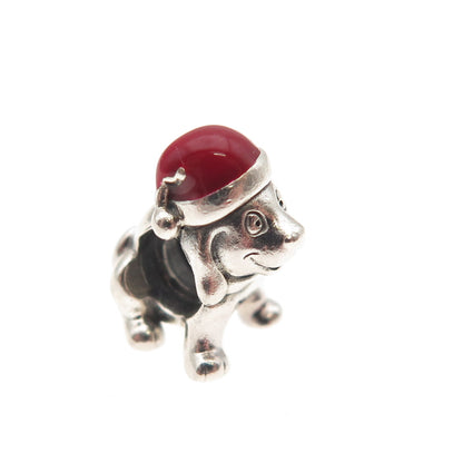 PANDORA 925 Sterling Silver Enamel Christmas Puppy Dog Slide Bead Charm