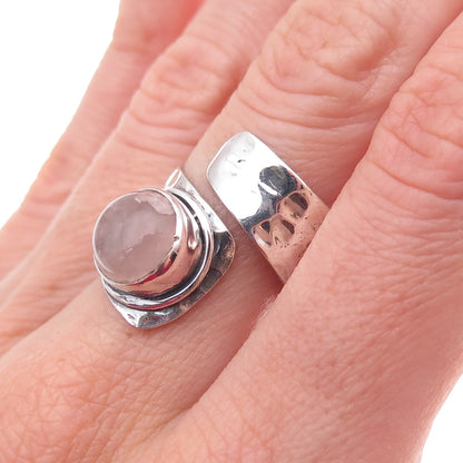 925 Sterling Silver Vintage Real Rose Quartz Hammered Adjustable Ring Size 7.5