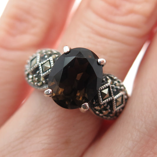 JUDITH JACK 925 Sterling Silver Vintage Real Smoky Quartz Marcasite Ring Size 6