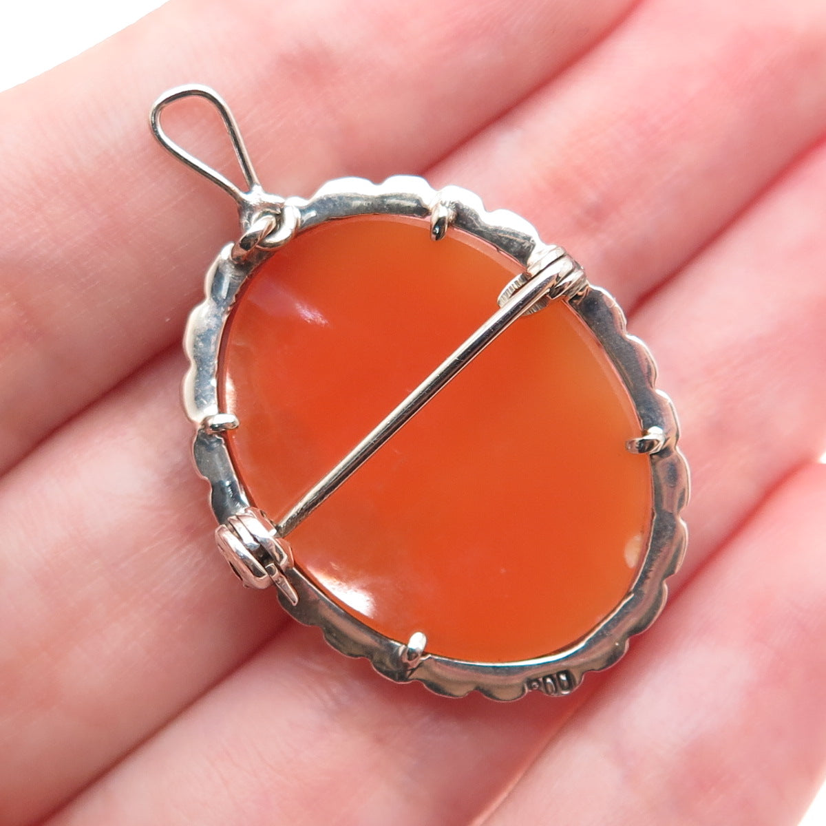 800 Silver Antique MOP & Marcasite Lady Cameo Brooch / Pendant (missing 2 stone)