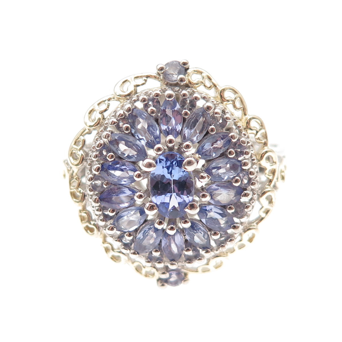 Chuck Clemency 925 Sterling Silver 2-Tone Real Tanzanite Floral Ring Size 8.25