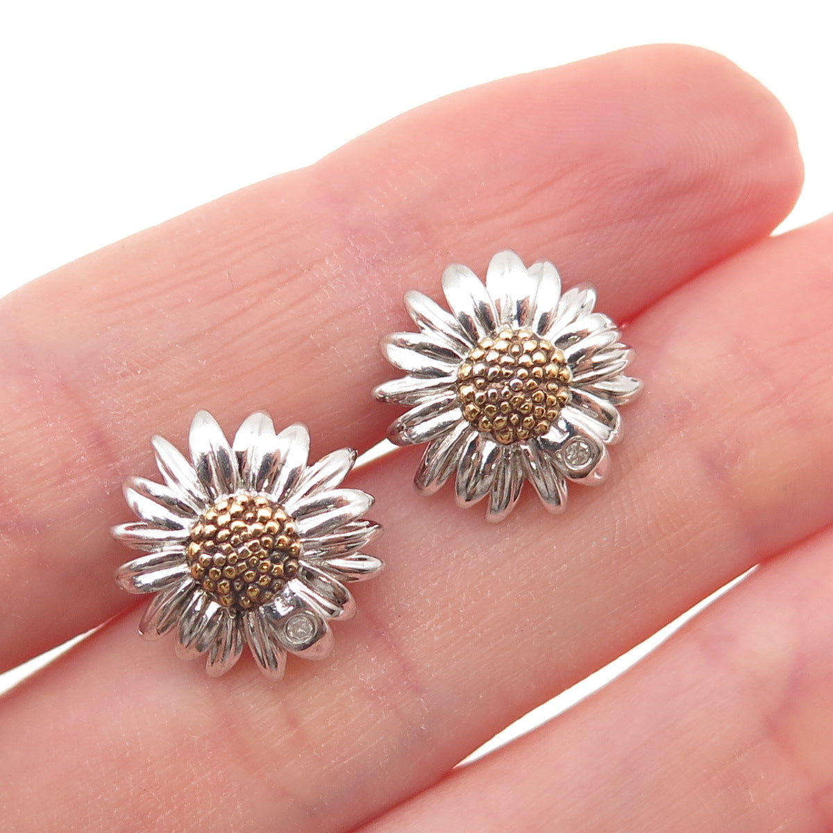 925 Sterling Silver 2-Tone Real Round-Cut Diamond Daisy Flower Stud Earrings