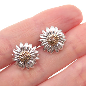 925 Sterling Silver 2-Tone Real Round-Cut Diamond Daisy Flower Stud Earrings