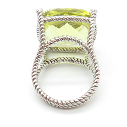 925 Sterling Silver Large Lime Citrine & White Topaz Gem Twisted Ring Size 6.75