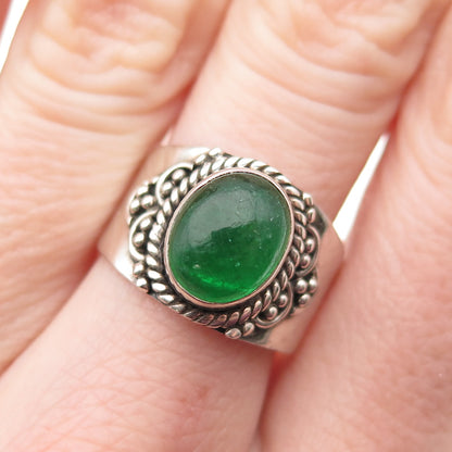925 Sterling Silver Vintage Real Cabochon Jade Oxidized Ring Size 7.75