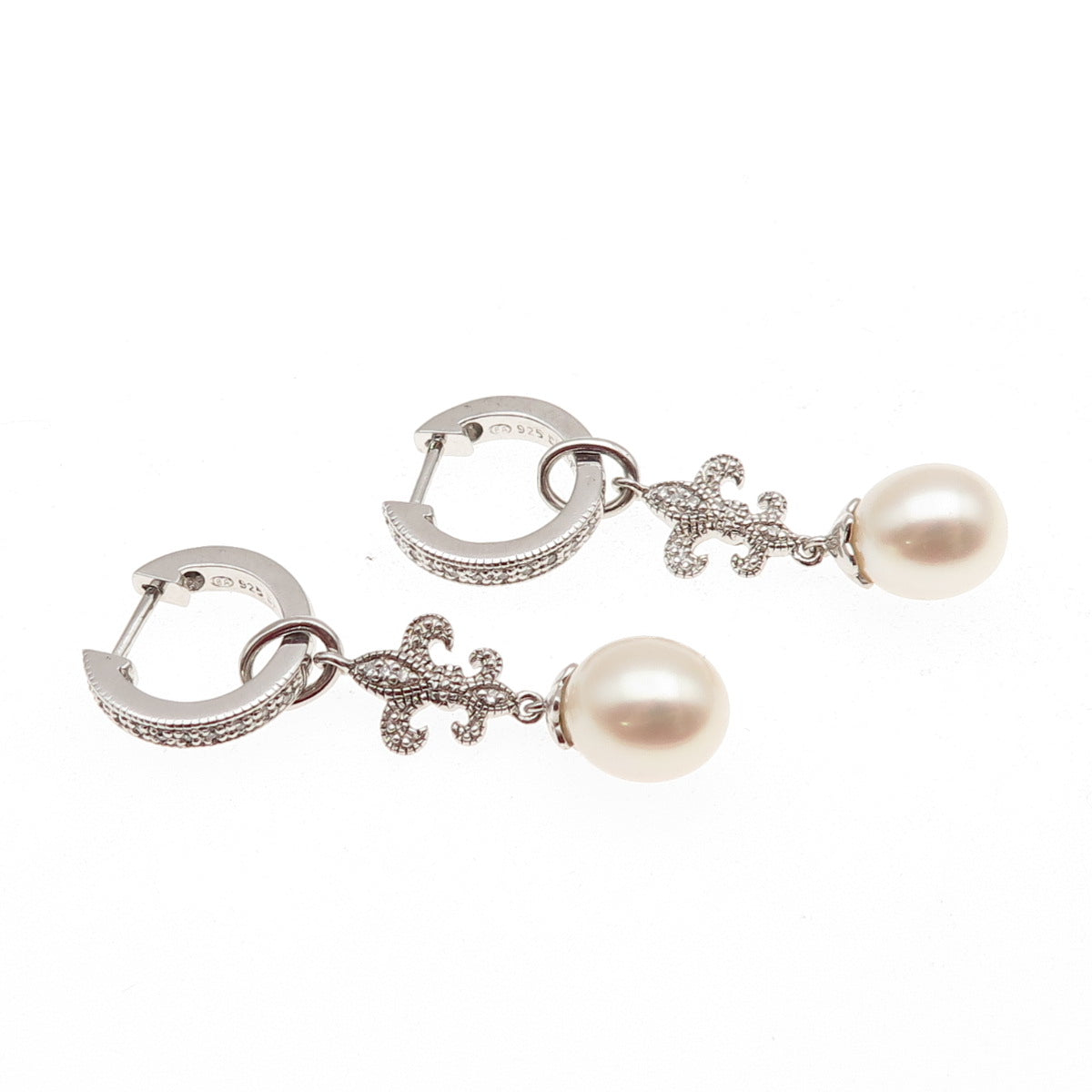 925 Sterling Silver Real Diamond & Pearl Fleur de Lis Charm Hoop Earrings