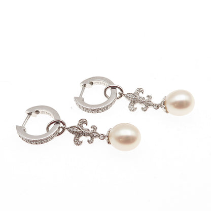 925 Sterling Silver Real Diamond & Pearl Fleur de Lis Charm Hoop Earrings