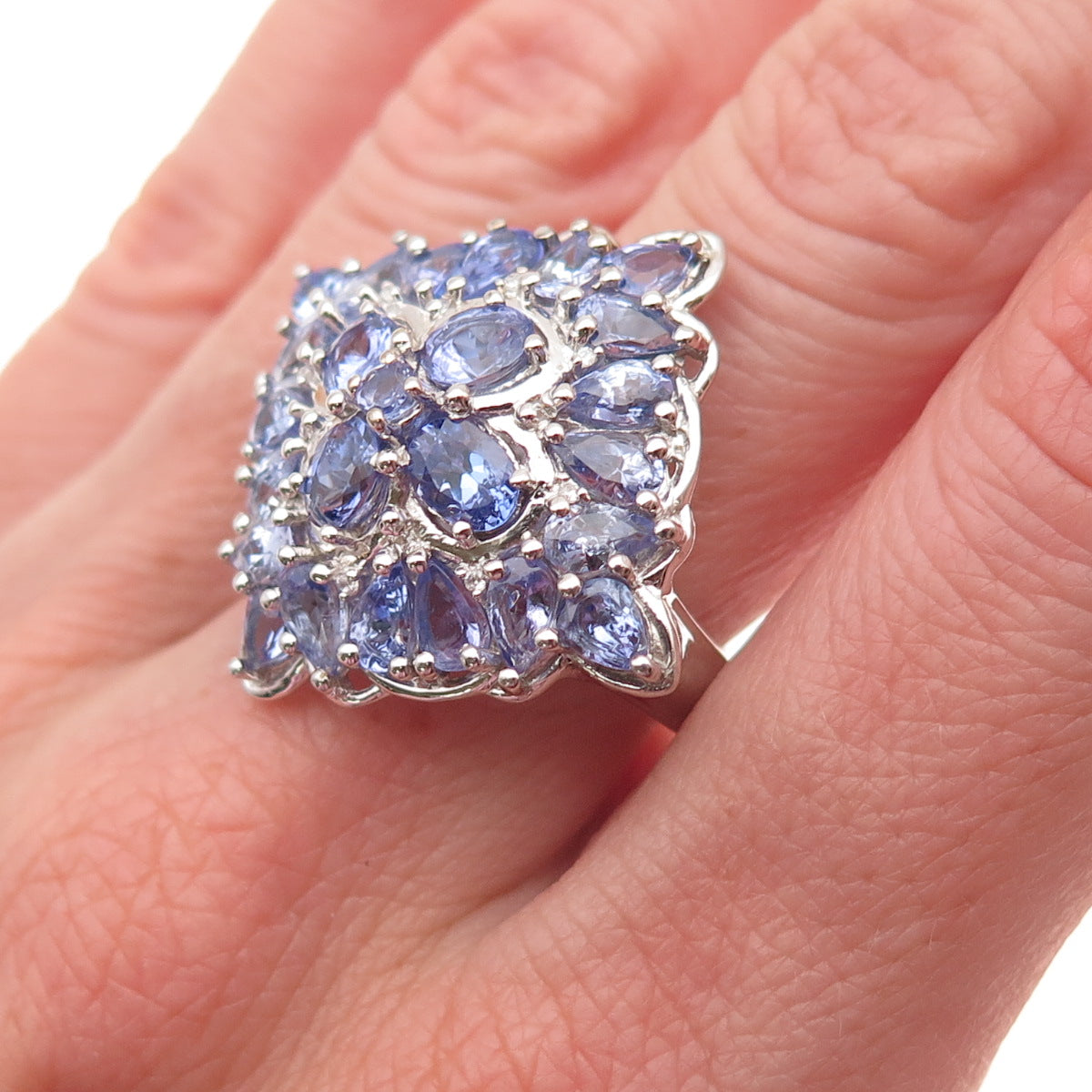 Chuck Clemency 925 Sterling Silver Real Tanzanite Floral Cluster Ring Size 8.25