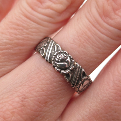 925 Sterling Silver Vintage Rose Flower Oxidized Band Ring Size 7