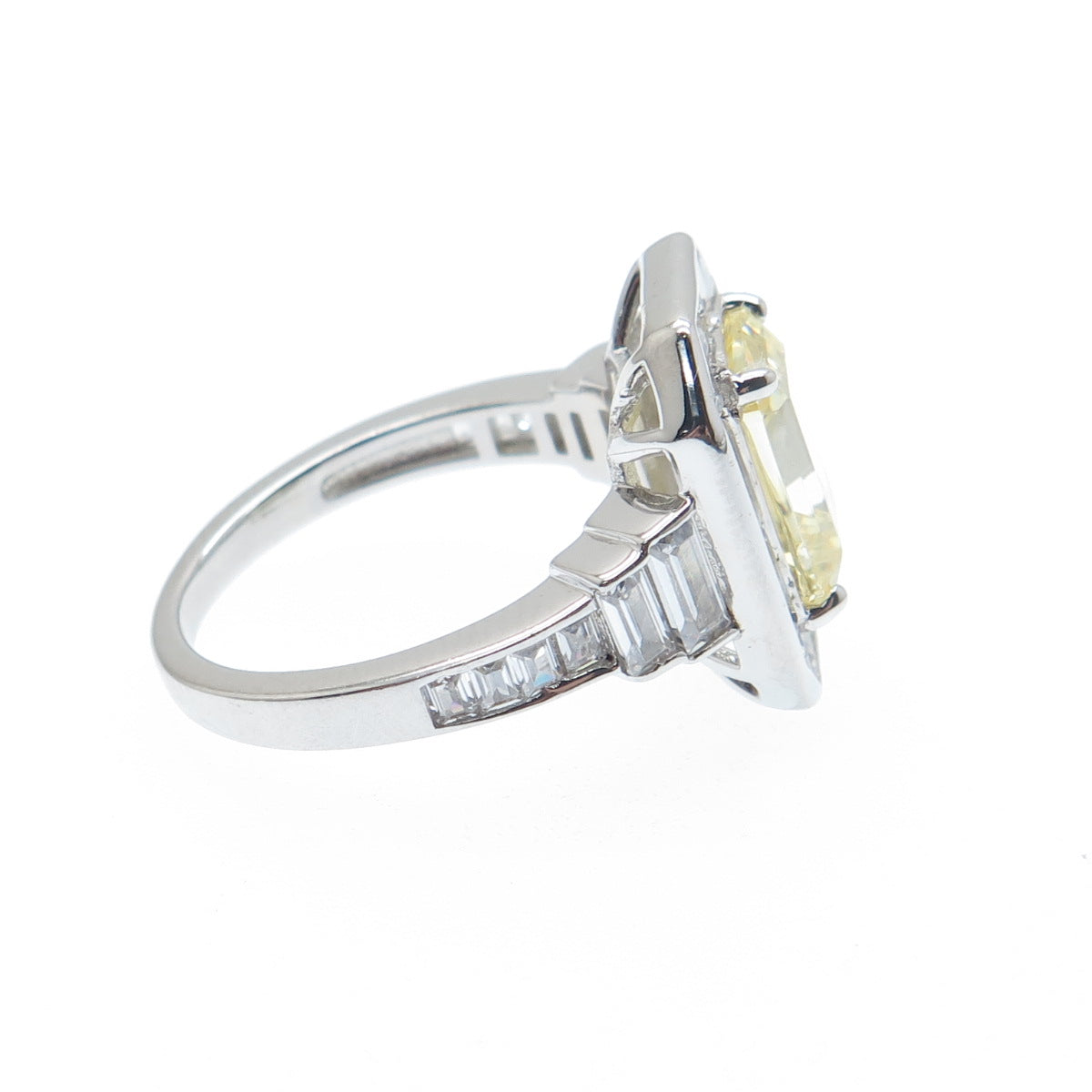 DSMK 925 Sterling Silver White & Lemon Emerald-Cut Shaped C Z Ring Size 7.25