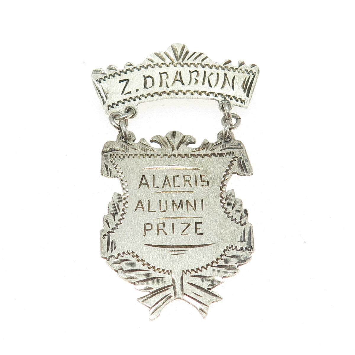 925 Sterling Silver Antique Art Deco "Alacris Alumni Prize" Medal Pin Brooch