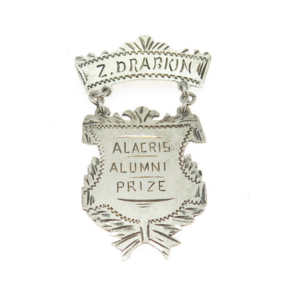925 Sterling Silver Antique Art Deco "Alacris Alumni Prize" Medal Pin Brooch
