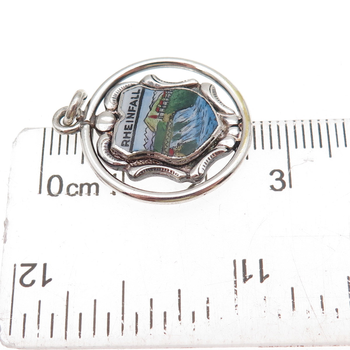 925 Sterling Silver Antique Art Deco Enamel Rhine Falls Switzerland Pendant