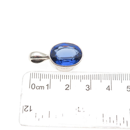 925 Sterling Silver Vintage Oval-Cut Blue C Z Charm Pendant