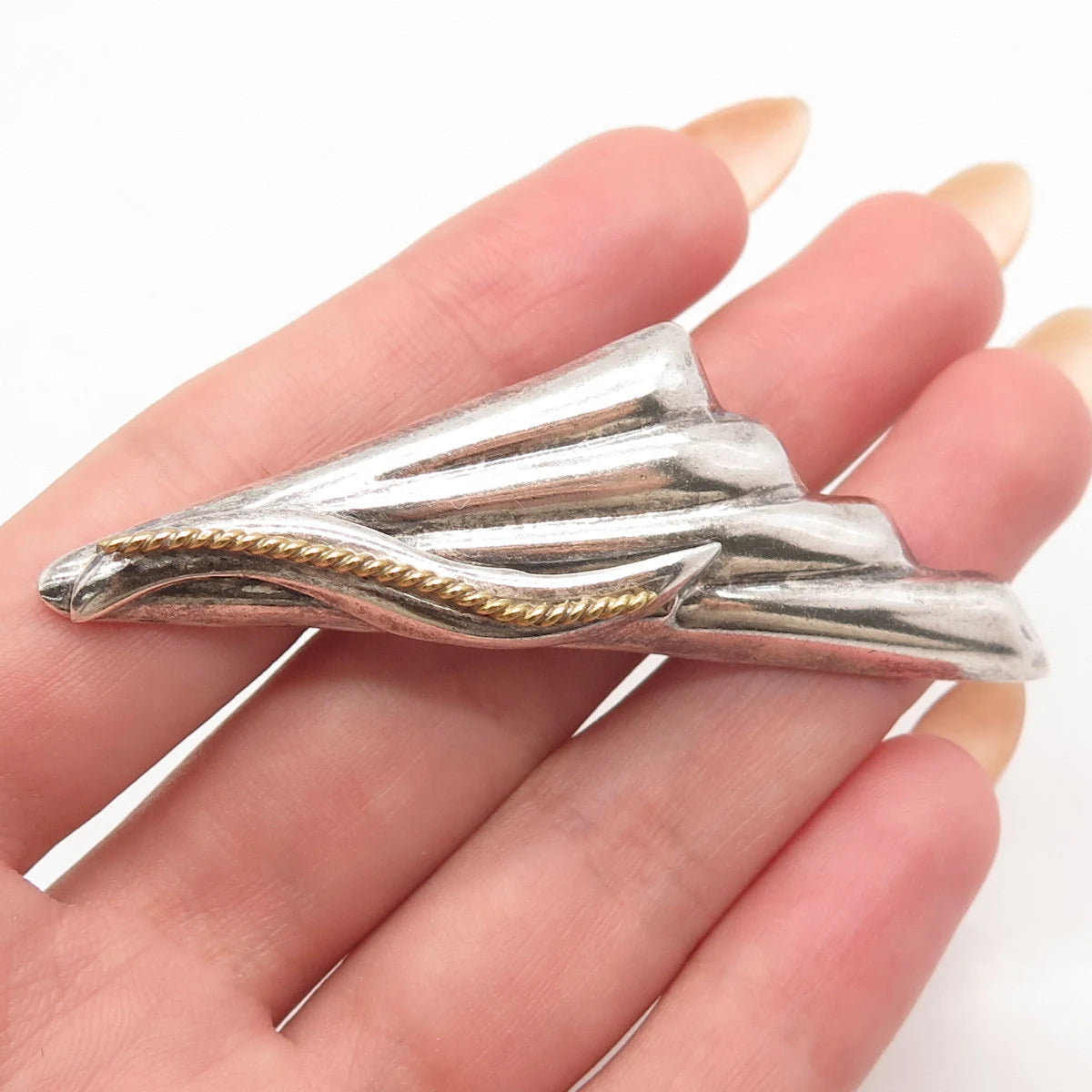 925 Sterling Silver 2-Tone Vintage Mexico Ribbed Modernist Pin Brooch
