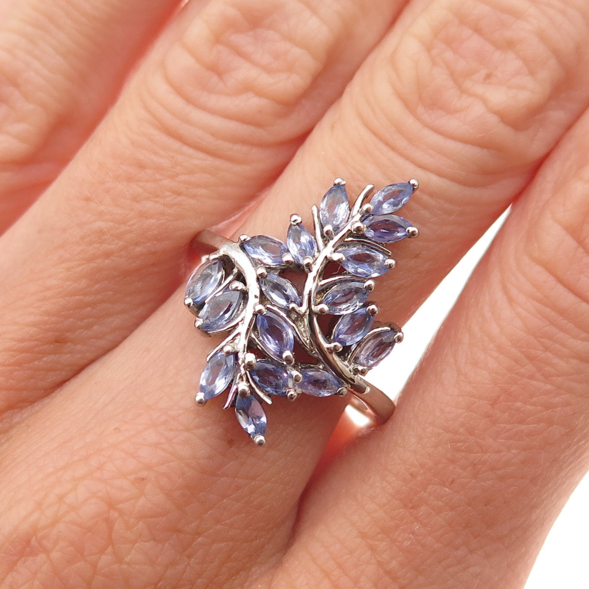 Chuck Clemency Sterling Silver Real Marquise-Cut Tanzanite Floral Ring Size 8