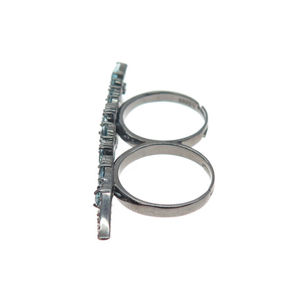 925 Sterling Black Rhodium Real Apatite & C Z Adjustable Two Finger Ring Size 6