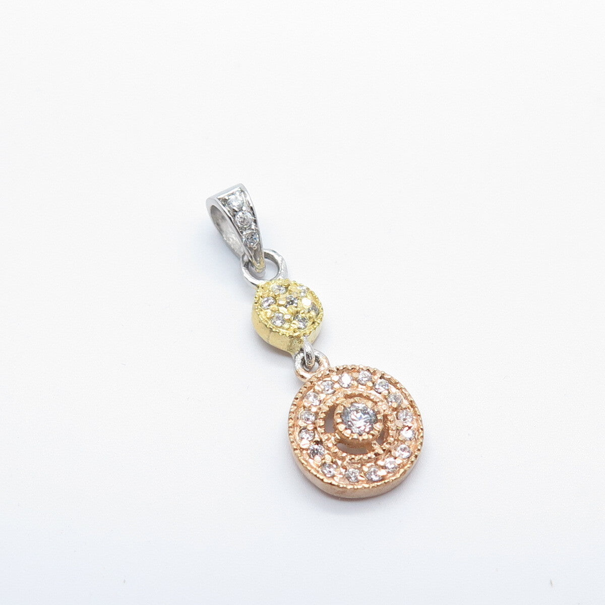 925 Sterling Silver 3-Tone C Z Double Circle Dangling Charm Pendant