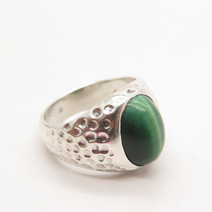 925 Sterling Silver Vintage Fiber Optic Cat's Eye Gem Hammered Ring Size 9.25
