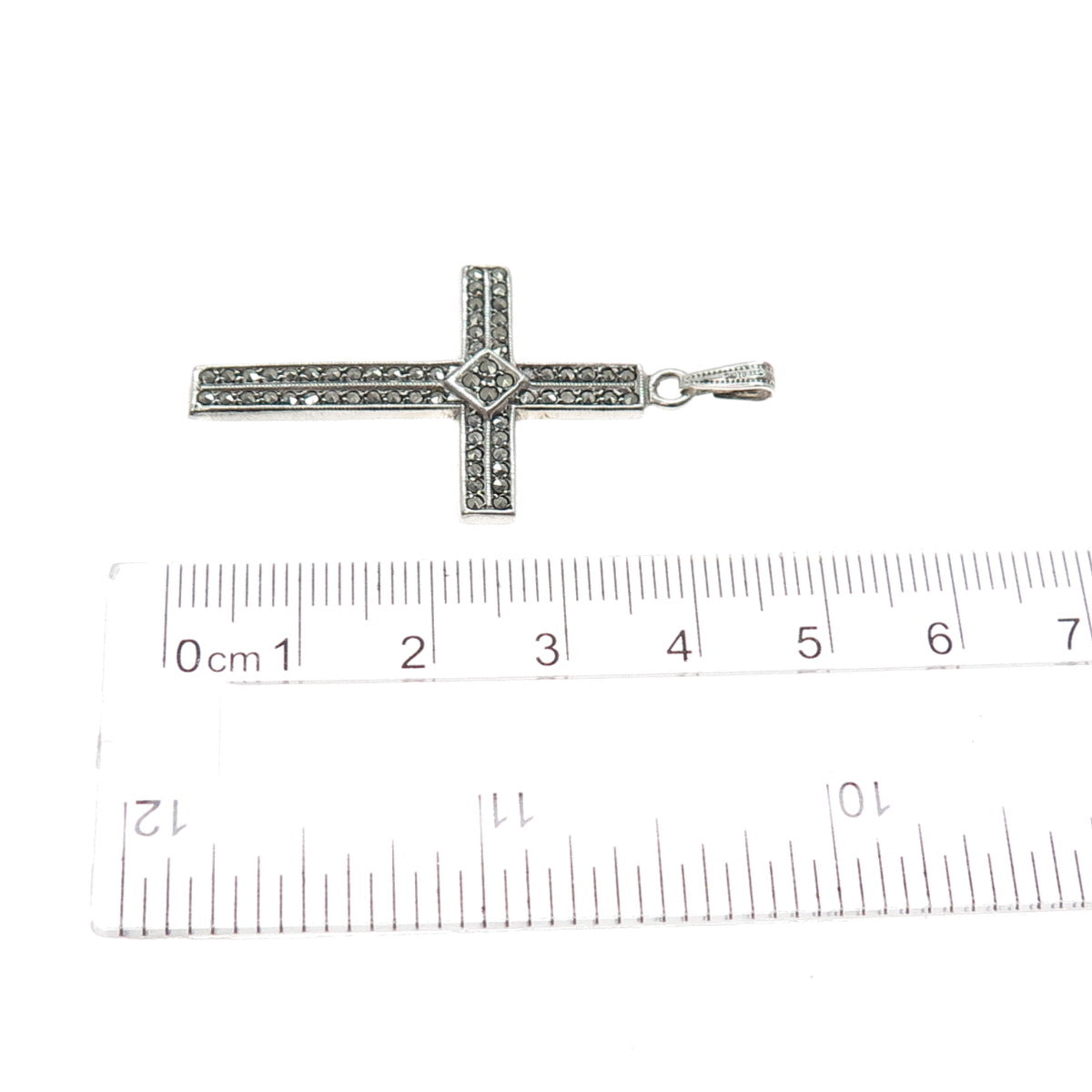 925 Sterling Silver Antique Art Deco Real Marcasite Cross Charm Pendant