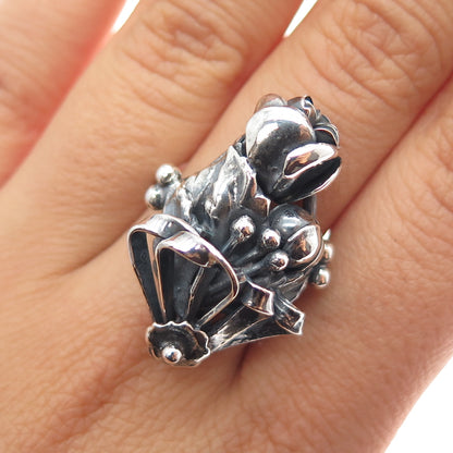 925 Sterling Silver Vintage Modernist Rose Flower Oxidized Ring Size 9