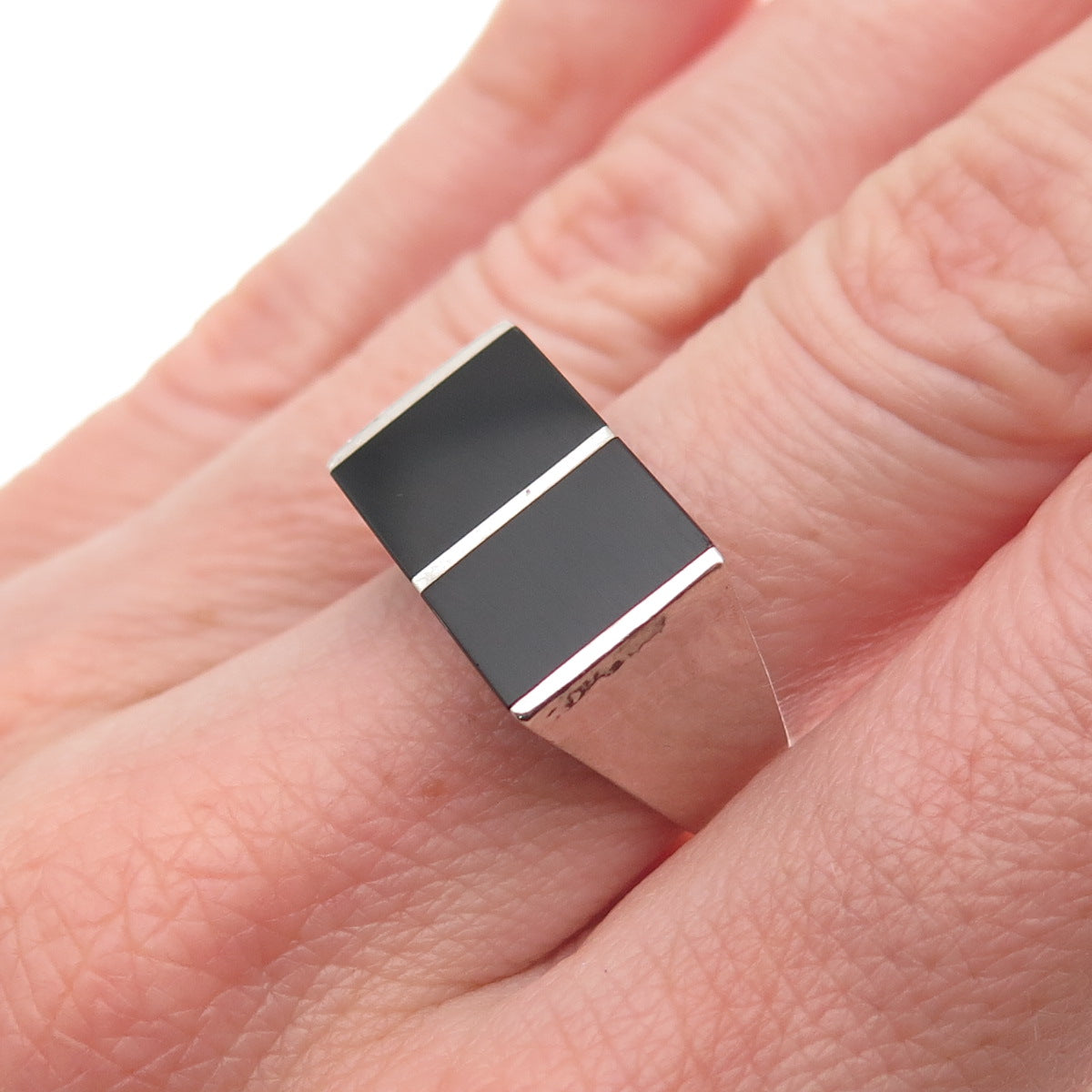925 Sterling Silver Vintage Real Black Onyx Modernist Ring Size 7