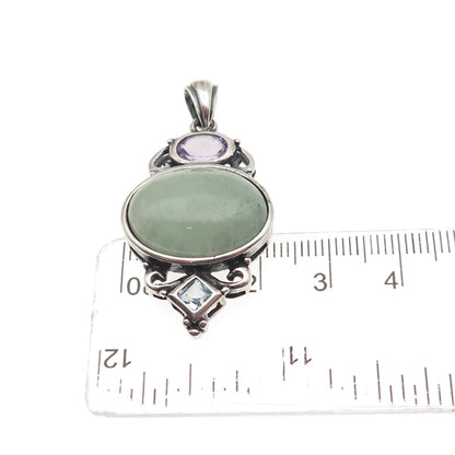 925 Sterling Silver Vintage Real Aventurine Amethyst & Blue Topaz Pendant