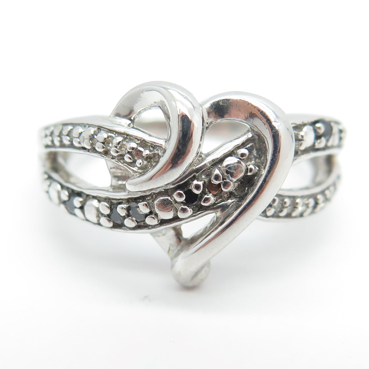 925 Sterling Silver Real Round-Cut Black & White Diamond Heart Ring Size 8.5