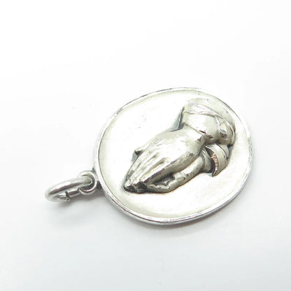 925 Sterling Silver Vintage M De Jean Praying Hands Medal Charm Pendant