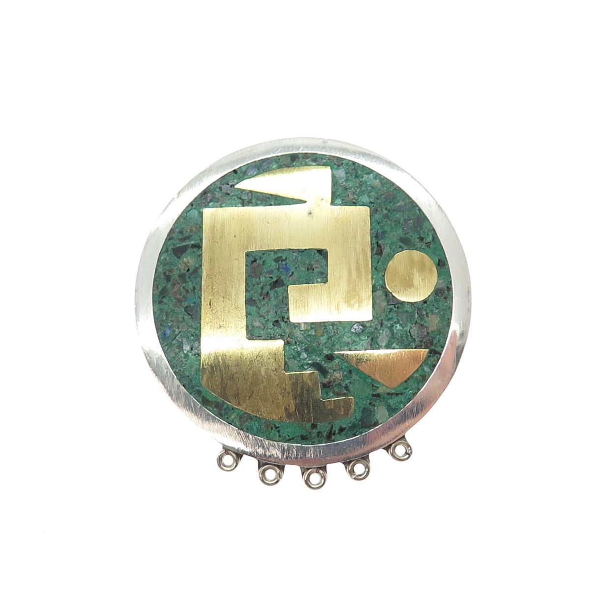 925 Sterling Silver 2-Tone Vintage Mexico Azurite Tribal Symbol Brooch / Pendant