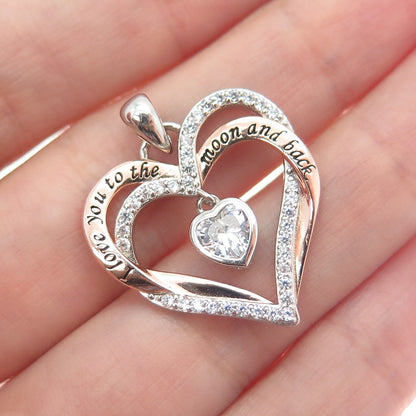 925 Sterling Silver 2-Tone C Z I Love You To The Moon & Back Heart Charm Pendant