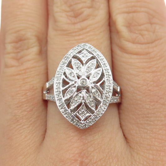 925 Sterling Silver Real Round-Cut Diamond Floral Ring Size 9.25