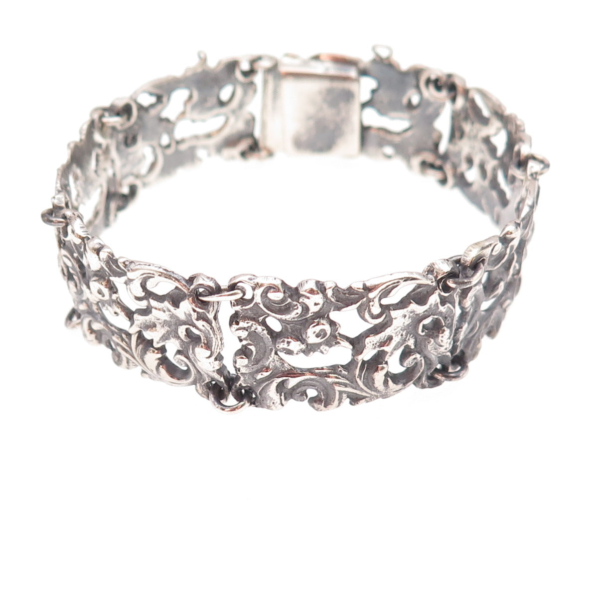 800 Silver Antique Art Deco Floral Panel Link Oxidized Bracelet 7"
