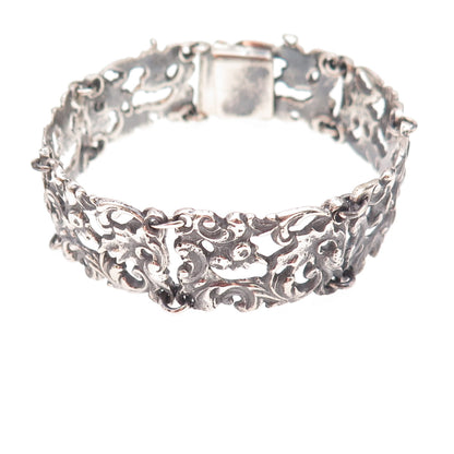 800 Silver Antique Art Deco Floral Panel Link Oxidized Bracelet 7"