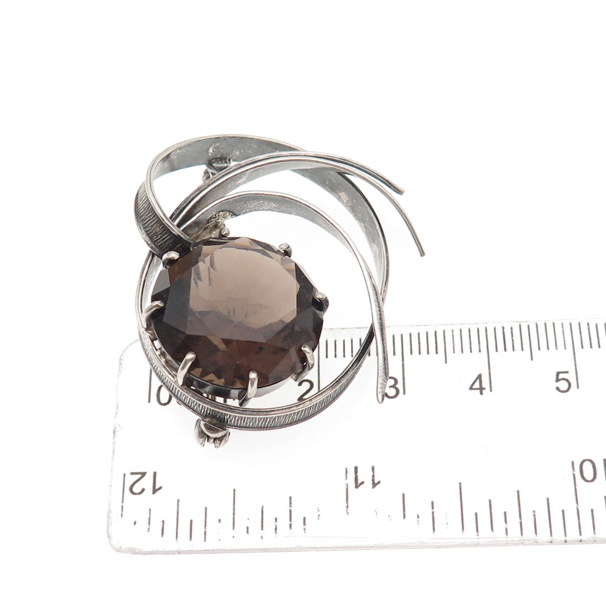 925 Sterling Silver Vintage Real Smoky Quartz Modernist Oxidized Pin Brooch