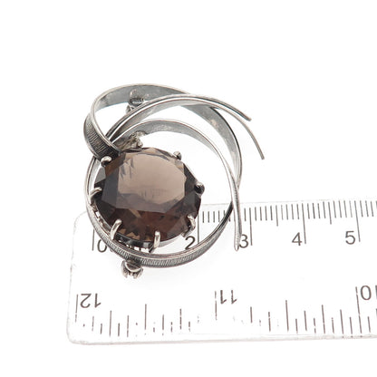 925 Sterling Silver Vintage Real Smoky Quartz Modernist Oxidized Pin Brooch