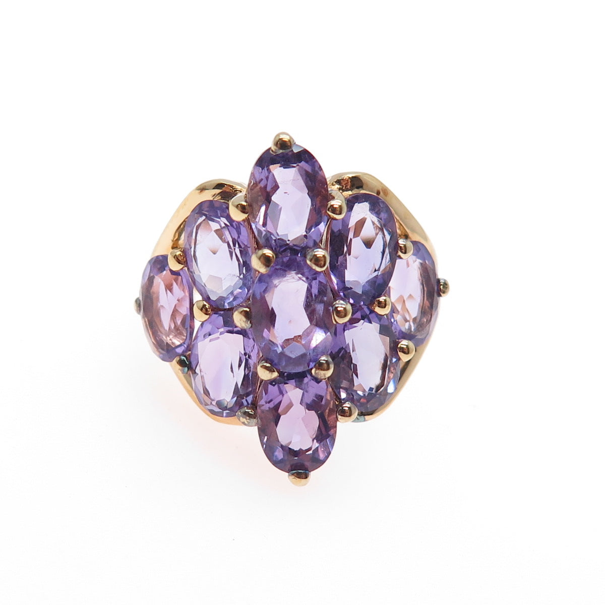 925 Sterling Silver Gold Plated Real Oval-Cut Amethyst Cluster Ring Size 7