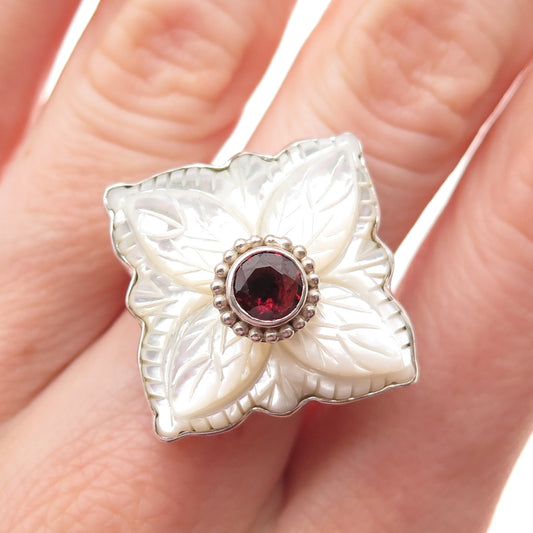 SAJEN Sterling Silver Vintage Real MOP & Garnet Floral Adjustable Ring Size 9