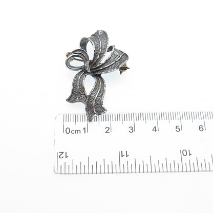 925 Sterling Silver Vintage Mexico Ribbon Bow Oxidized Pin Brooch