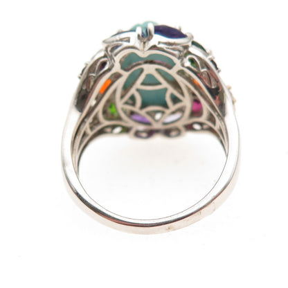Chuck Clemency 925 Sterling Silver Real Multi-Color Gem Floral Ring Size 8.25